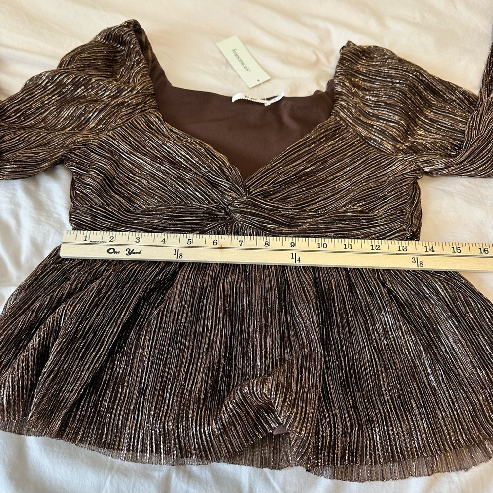 Francesca's Collections Brown Metallic Twist-Peplum Blouse Size S - Picture 9 of 13